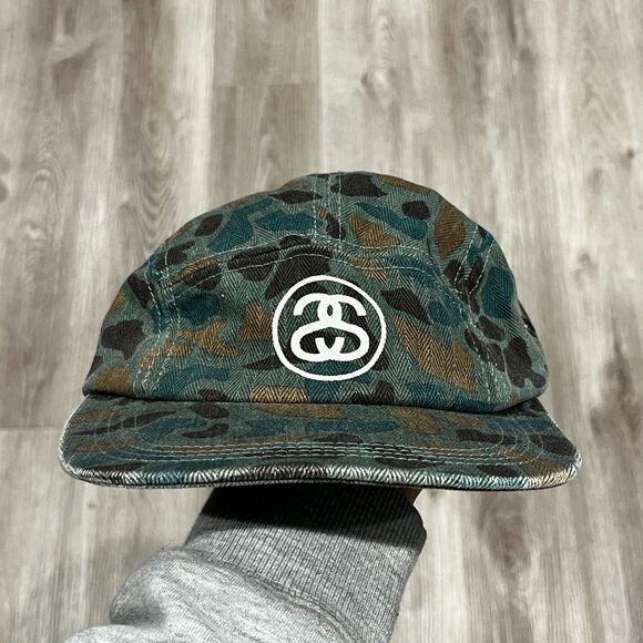 Vintage 00s Stussy Caps 5 Panel Green Camo Hat Snap Unisex Streetwear - Picture 1 of 4